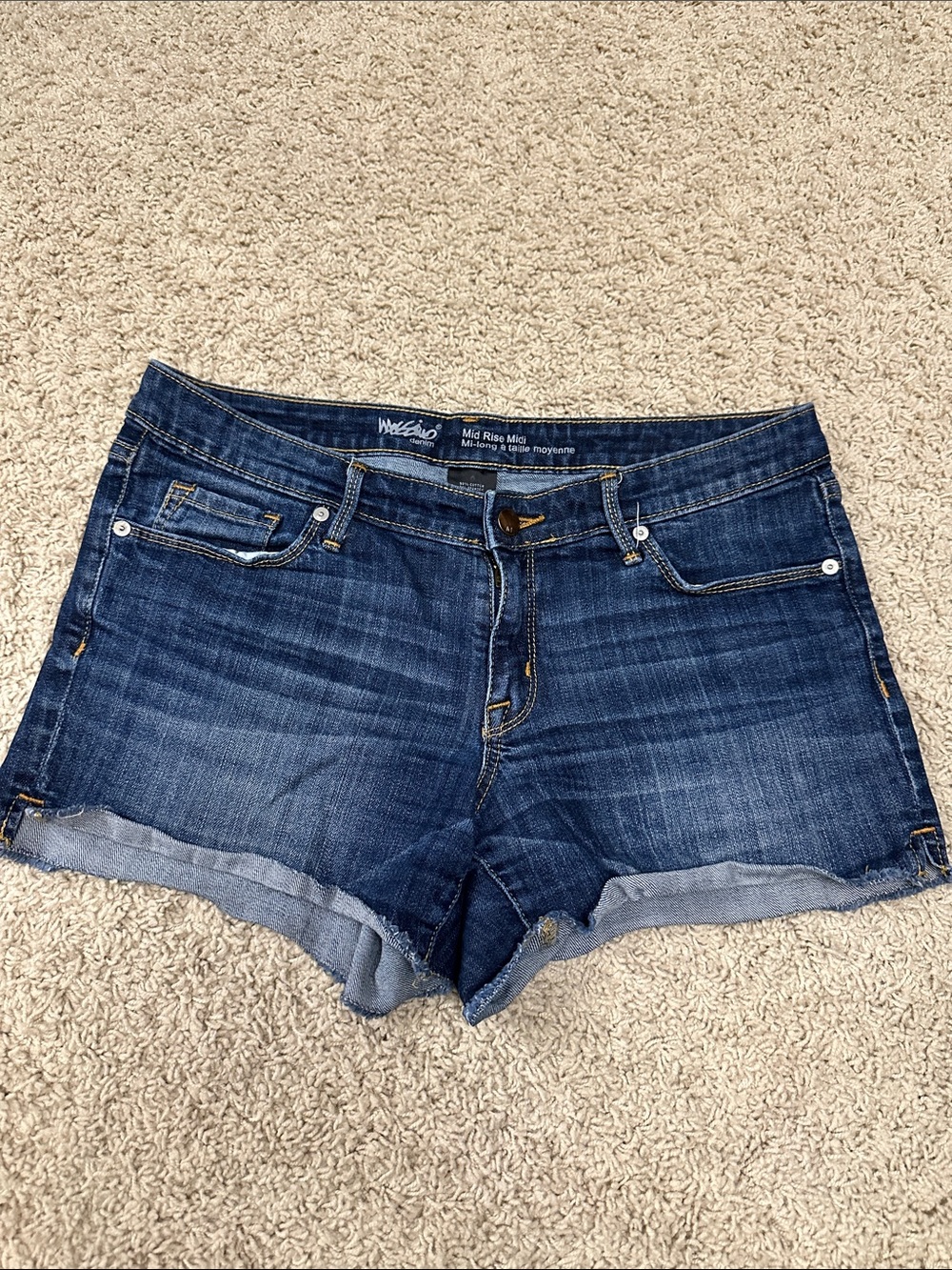 Mid-Rise Dark Blue Denim Roll-Cuff Jean Shorts